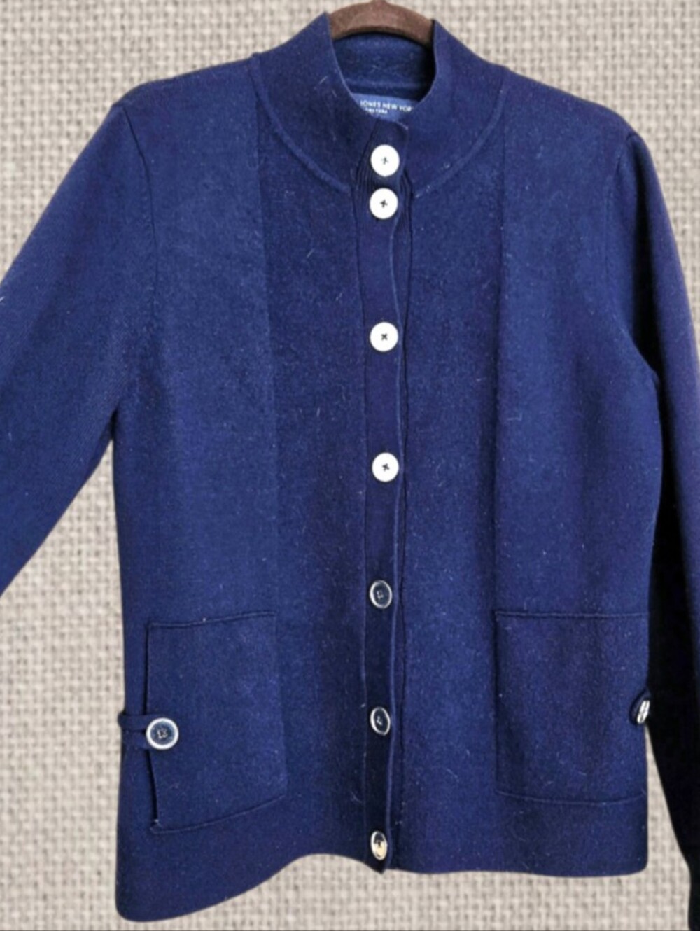 Jones New York 100% Merino Wool Cardigan Navy Blue Sz M Silver Button Up